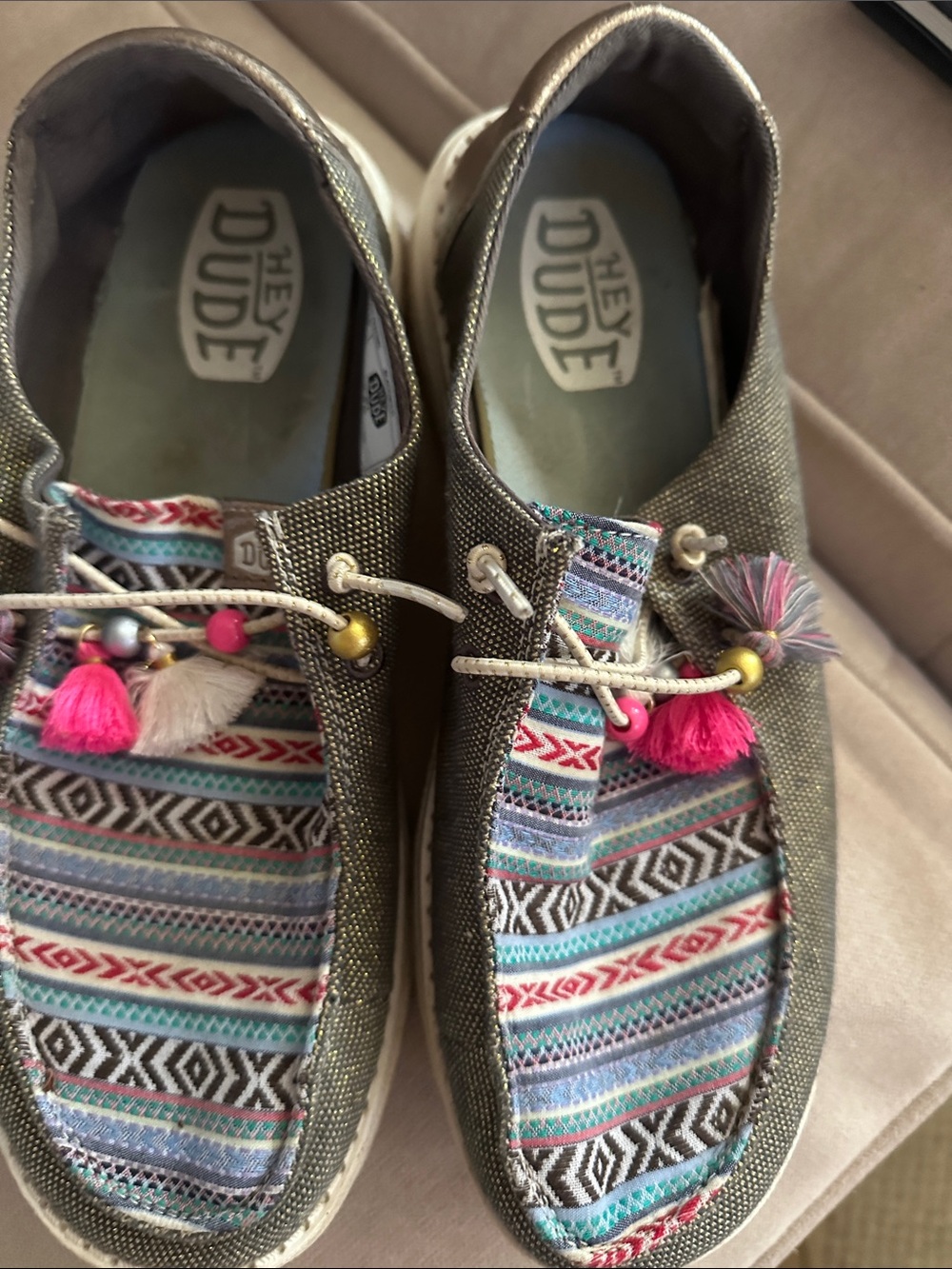 Hey Dude Women's Olive Patterned Canvas Shoes with Pink Tassels